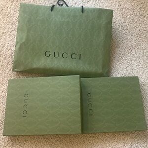 Two Gucci gift boxes and bag.  Green, excellent condition